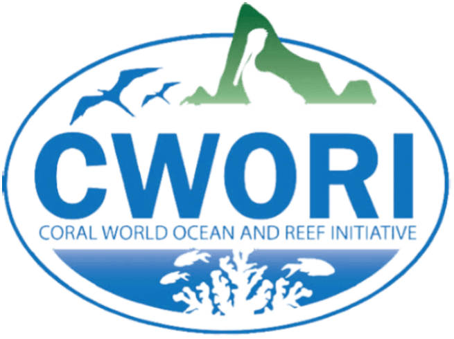 Logo with mountain, birds, coral, fish, and text: CWORI Coral World Ocean and Reef Initiative.