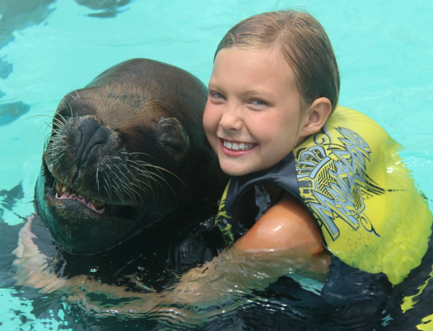 Girl in yellow life jacket hugs a smiling sea lion in a pool.