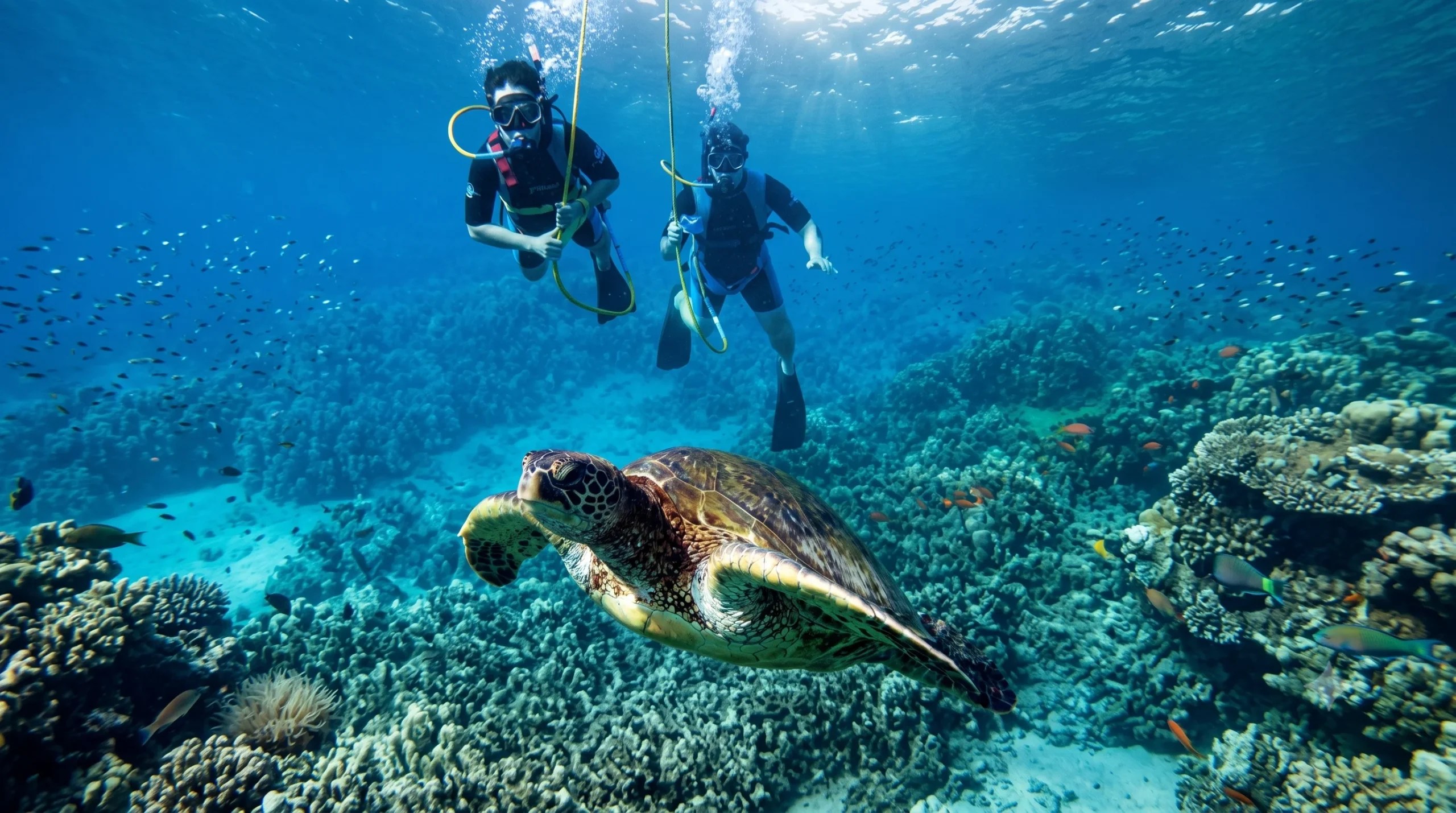 Two divers observing a sea turtle over a coral reef in clear blue water.