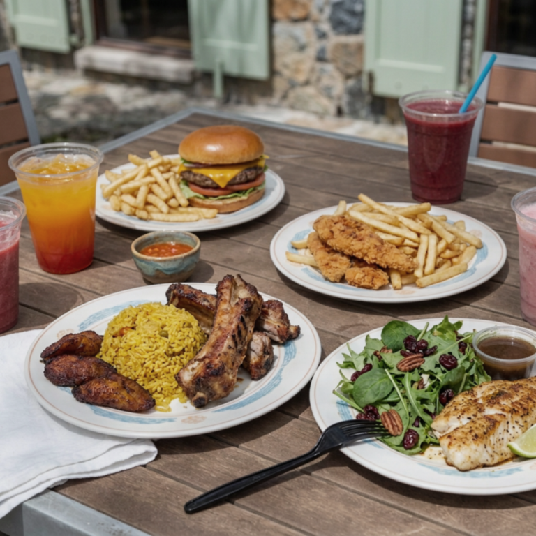 Outdoor table with various meals including a burger, fried chicken, ribs, salad, and drinks.