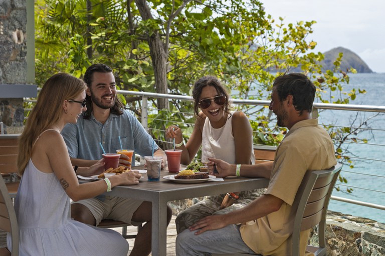 Four people dining outdoors by the sea, sharing a meal.