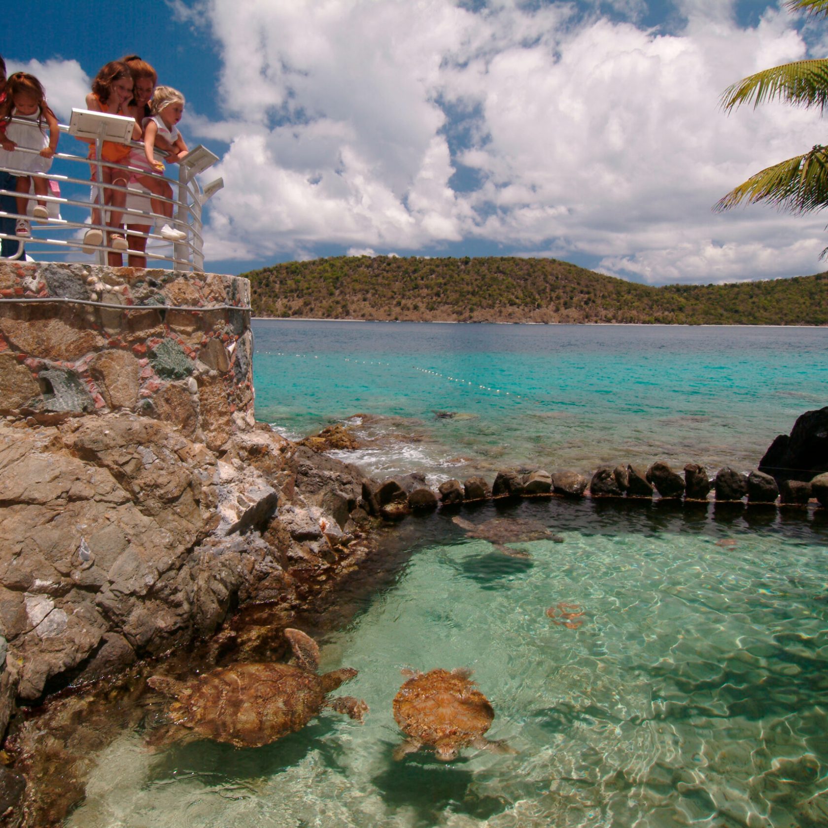 a group of people on a rock next to a body of water